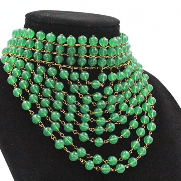 Attr. to Christian Dior 50's High End Cascading Green Glass Massive Necklace - Picture 4 of 15